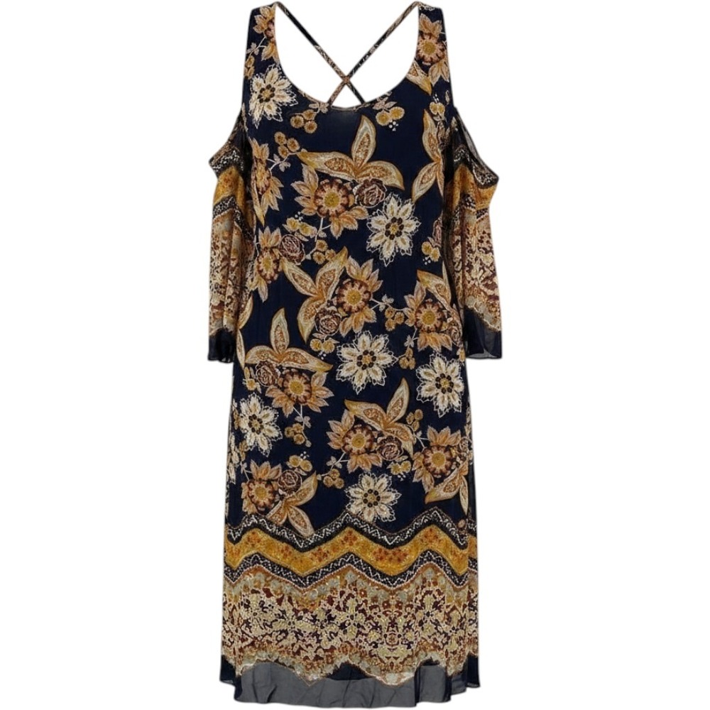 Enfocus Petite Cold Shoulder Floral Paisley Shift Dress Navy Blue Boho Women 12P
